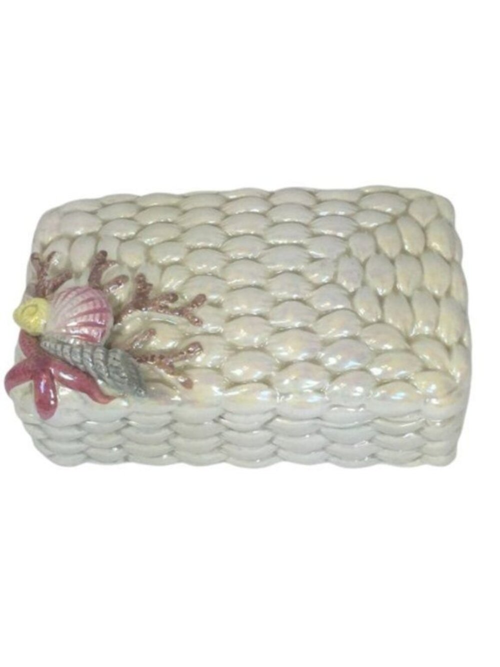 Enesco Ceramic Lusterware Dresser Trinket Box Coastal Shell Design